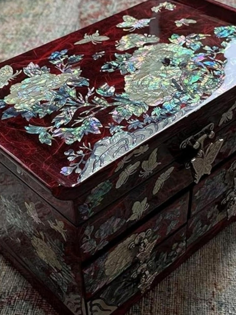 Mother-of-Pearl Inlaid Jewelry Box - Deep Burgundy